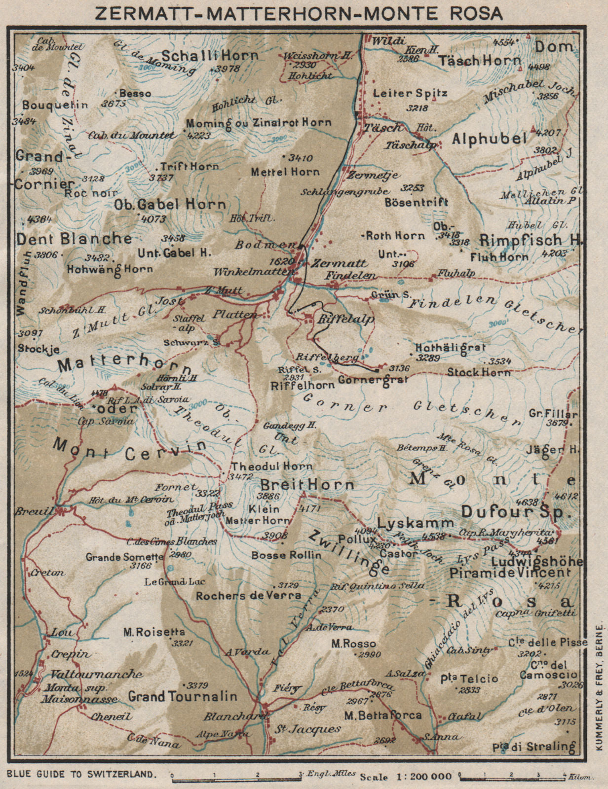ZERMATT MATTERHORN MONTE ROSA.Breuil-Cervinia.Switzerland Italy.Vintage 1930 map